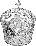 A decorated Greek mitre from the Orthodox Eastern Church. The hat is worn by the bishops. Greek mitre is a closed crown with a circlet and arches, decorated with gold, jewels, and pictures and embroideries.