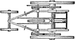 A mechanical plan of 1802 Trevithick's Steam Carriage. The piston, operated by steam, is connected to the shaft, turning two gears on both sides. These gears turns the the larger wheels.