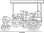 A side view of Barford and Perkins water&mdash;ballast rollers. The vehicle operated using an internal combustion engine to turn the back tires by a drive chain and stopped by turning the wheel on the right. A stirring chain was connected from the front rollers to the large wheel.