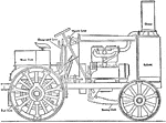 A Marshall's agricultural hydraulic gear tractor. The fuel tank is located on the bottom back of the tractor, while the water tank is under the driver's seat. The back wheel is turned by the engine.