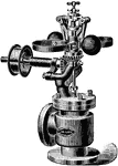 An exterior view of a waters spring governor. The governor is used to regulate fuel by closing and opening the valves. The valve is opened or closed by rotating the two heavy balls.