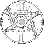 "A wheel which contains and supports the various parts of the governor is keyed to the shaft. Two arms, having weights A A at the ends, are pivoted to the arms of the wheel at b b. The ends having the weights are connected to the collar on the loose eccentric C by means of rods B B." &mdash;Derr, 1911