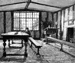 An illustration of a young boy studying inside an old schoolroom.