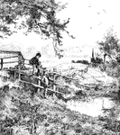 An illustration of two young boys; one is fishing, the other is sitting on a fence.