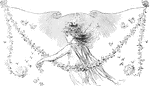 An illustration of a young angel girl wearing a flower wreath and dropping flowers as she walks.