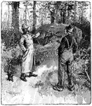 An illustration of two men talking in the woods. One man is pointing towards some covered up wheels and a cat is standing next to him.