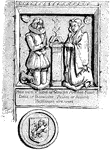 An illustration of a gravestone with a man and woman carved on it. They are both facing each other and kneeling in front of an altar praying.