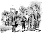 An illustration of a group of people surrounding a man talking to a young boy in front of a building.