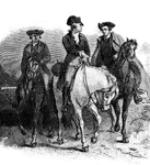 An illustration of George Washington, Patrick Henry, and Edmund Pendleton on horses on their way to Philadelphia, as delegates to the First Continental Congress.