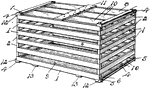 A container, such as a slatted wooden case, used for storing or shipping.