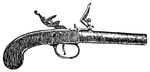 A revolutionary flint-lock pistol with a short, thick barrel. Requires reloaded after each shot.
