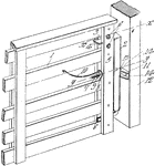 A device for holding a door, gate, or the like, closed, consisting basically of a bar falling or sliding into a catch, groove, hole, etc.