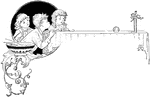An illustration of three children playing a game where they take turns blowing bubbles down a table towards a small goal.