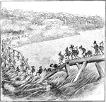 An illustration of weird, little people running across a bridge that is being partially submerged by a large body of water.