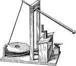 An illustration of a forge powered by a hand-bellows which forces air on glowing coals. A forge is a hearth, or a place for heating metals.
