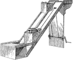 An illustration of an inclined railway, also known as a funicular or funicular railway. This railway runs on a pulley system, where two cars are counterbalanced, with one car ascending and one car descending.