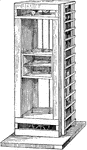 An illustration of a dumb waiter which is a moveable frame in a shaft which is suspended by a rope on a pulley. Dumb waiters are a smaller version of an elevator.