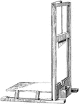 An illustration of a guillotine which was a device used to carry out executions by decapitation. Guillotines consist of a tall, vertical frame where a blade is suspended.