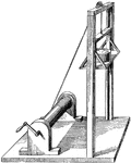 An illustration of a type of elevator composed of a small pulley used in this case to lift brick and mortar.