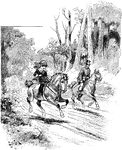 An illustration of a young boy and a man riding two horses through a forest.