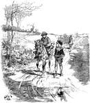 An illustration of a man riding a horse on a trail talking to a young man walking beside him. There is another man riding farther down the trail behind him.