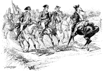 An illustration of George Washington as Commander in Chief of the American army. He is riding a horse along with other members of the American army.