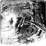 A scene illustrating a young boy jumping off of a diving board into a river. In the distance there is a figure swimming downstream, a boy looking down from a cliff and a figure canoeing into the sunset.