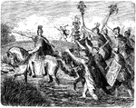 An image of Julius Caesar and his army crossing the Rubicon River, which is located in northeastern Italy. The idiom "Crossing the Rubicon" refers to Julius Caesar passing this river in 49 BC, and means to pass a point of no return.