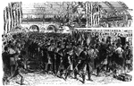 Thousands of patriotic citizens filled every available space in the big railroad station in Jersey City when the Sixth Regiment of Massachusetts entered, on its way to defend the Capital, Washington, April 18th. 1861, after marching through the streets of New York. The regiment was composed of eight hundred men. This was the regiment which, upon arrival in Baltimore, was stoned and shot at by a mob of Southern men who attempted to stop its progress to Washington.