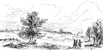 "This picture was drawn by a British engineer a few days after the battle. The view is from the north side of the hill, looking south from the spot occupied by the New Hampshire troops, under Colonel Stark and Colonel Reed. Portions of the rail-fence are to be seen. The Connecticut troops, under Colonel Knowlton, occupied the ground between the three in the centre of the view and the fort. The ground between the tree and the fort, and toward the left of the picture, was thickly strewed with the killed and wounded British soldiers. The Americans retreated past the trees at the right of the picture."&mdash;Coffin, 1879