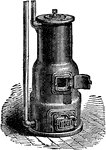 A base-burner heater with the water pipes connected at the left-hand side.