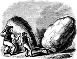 "The engraving shows a large, powerful man, of giant size and strength, endeavoring to move a large stone, or rock, which obstructs a passage way. His brute force is, however, unavailing, as with all his great strength he cannot move the stone one inch. But see the superiority of head work, or wisdom. A small, weak man approaches: he has not got half the bodily strength of his companion, but he has a larger and more powerful mind, and by it he can do what the other cannot; he can lift a weight which the other cannot move. His wisdom teaches him the power of the lever, and by one arm he can move a house, showing that 'Knowledge is Power.'"&mdash;Barber, 1857