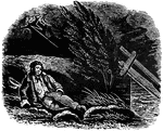 The picture describes a story about a traveler who encounters a terrible storm and because he cannot see very well through the rain, he falls into a ditch and breaks his leg. He sits in the ditch through the night, and when dawn breaks, he notices a broken bridge just ahead. He rejoices that he had fallen when he did instead of trying to cross a broken bridge.