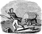 "To wake the dog, a cutting lash is given; / Upwards he springs, with furious anger driven, / Runs at the youth, who flees in a great afright, / Quick o'er the ground, with all his main and might; / Closely pursued, he falls amid the stones; / He breaks his leg, his arm; he loudly groans: / By sad experience he's a lesson got, / When dogs are sleeping, then awake them not."&mdash;Barber, 1857