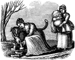"A favorite household dog, to shield from harm, / A maiden kind, has knit some stocking warm, / Wishing to keep his dog-ship warm and neat, / She closely draws the stockings on his feet; / Growler feels awkward as he walks about, / He needs them not - he's well enough without."&mdash;Barber, 1857