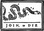 "A device printed in Franklin's newspaper, the Pennsylvania Gazette, shows a wriggling rattlesnake cut into pieces, with the initial letter of a colony on each piece."—Webster, 1920