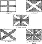 "The Act of Union with Scotland (1707) required that England and Scotland should have one flag made of the crosses of St. George and St. Andrew combined. After the union with Ireland (1801) the cross of St. Patrick was incorporated in the flag. The name 'Jack' comes from the French Jacques, referries to James I, the first sovereign of Great Britain."—Webster, 1920