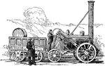 "Built by Stephenson to compete in a trial of locomotive engines for the Liverpool and Manchester Railway. The greatest speed it attained in the trial was 29 miles an hour, but some years later it ran at the rate of 53 miles an hour. The total weight of the engine and tender was only about 7 1/2 tons."