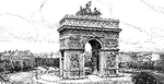 "In the center of the Place de l'Étoile, from which twelve broad avenues radiate in all directions. Commenced by Napoleon in 1805, but not completed until the reign of Louis Philippe. It is the largest triumphal arch in the world, being 162 feet high and 147 feet wide. The monument is adorned with groups of sculpture representing the military triumphs of the revolutionary and Napoleonic armies."&mdash;Webster, 1920