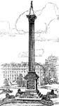 "A granite Corinthian column, 145 feet high, surmounted by a statue of Nelson, 16 feet high. On the pedestal are bronze sculptures, cast with the metal of captured French cannon and representing scenes from Nelson's naval victories. Four colossal lions, modeled by Sir Edwin Landseer, crouch at the base of the monument."&mdash;Webster, 1920