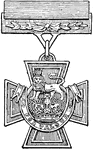 "Established in 1856 for acts of bravery in battle. It is a bronze Maltese cross with the royal crest (lion and crown) in the center and below it a scroll inscribed 'For Valour.'"&mdash;Webster, 1920