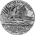 "The obverse, shown here, bears under the legend Keine Bannware ('No Contraband') a representation of the sinking ship. The designer of the medal has added guns and airplanes which, however, the Lusitania did not carry."&mdash;Webster, 1920