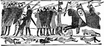 "Fighting as pictured in the Bayeux tapestry, a contemporary work."&mdash;Gordy, 1912