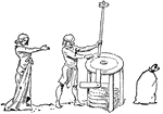 "Grinding with a hand-mill in the fourteenth century, as pictured in an old manuscript."—Gordy, 1912