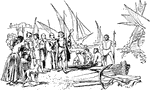 The departure of Christopher Columbus from Palos, Spain.