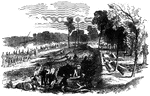 Evacuation of Corinth, Mississippi- Confederate fortifications, from the northern angle, looking south- pursuit of the retreating Confederates by the Federal Cavalry under General Smith. The details of the evacuation of Corinth, by Beauregard, beyond those contained in the official reports of General Halleck, were that Beauregard's force did not exceed 60,000 men. Nobody was left in town except women and children and old men; everything was taken away except a few provisions, which were burned. They did not leave a single gun, and had been moving their stores for two weeks, and their troops for six days. Their fortifications were five miles long, extending from the Memphis and Charleston to the Mobile and Ohio Roads. But they were much weaker than supposed. They could have been carried by storm at any time.
