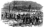 April 5, 1862. The General is arriving to take personal command of the Federal Army in its advance on Yorktown. He is enthusiastically received by the troops. On March 11, 1862 the president issued an order relieving General McClellan of part of the responsibility heretofore devolving upon him. The order stated that "General McClellan, having personally taken the field at the head of the Army of the Potomac, until otherwise ordered, he is relieved from the command of the other military departments he retaining the command of the Department of the Potomac."