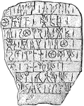 "A large tablet with linear script found in the palace at Gnossus, Crete. There are eight lines of writing with a total of about twenty words. Notice the upright lines which appear to mark the termination of each group of signs."&mdash;Webster, 1913