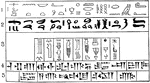 "Below the pictured hieroglyphics in the first line is the same text in a simpler writing known as hieratic. The two systems, however, were not distinct; they were as identical as our own printed and written characters. The third line illustrates old Babylonian cuneiform, in which the characters, like the hieroglyphics, are rude and broken down pictures of objects. Derived from them is the later cuneiform shown in lines four and five."&mdash;Webster, 1913
