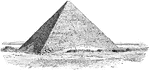 "The pyramid when completed had a height of 481 feet. It is now 451 feet high. Its base covers 13 acres. Some of the blocks of white limestone used in construction weigh 50 tons. The facing of polished stone was gradually removed for building purposes by the Arabs. On the northern side of the pyramid a narrow entrance, once carefully concealed, opens into tortuous passages which lead to the central vault. Here the sarcophagus of the king was placed. This chamber was long since entered and its contents rifled."—Webster, 1913